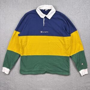 Champion Polo Shirt Mens Large Y2K Colorblock Striped Retro Center logo Rugby